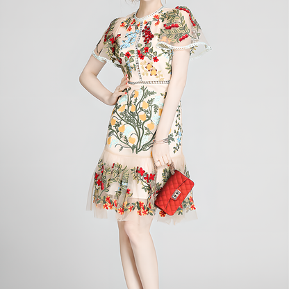Floral Embroidered Mesh Short-Sleeve Dress