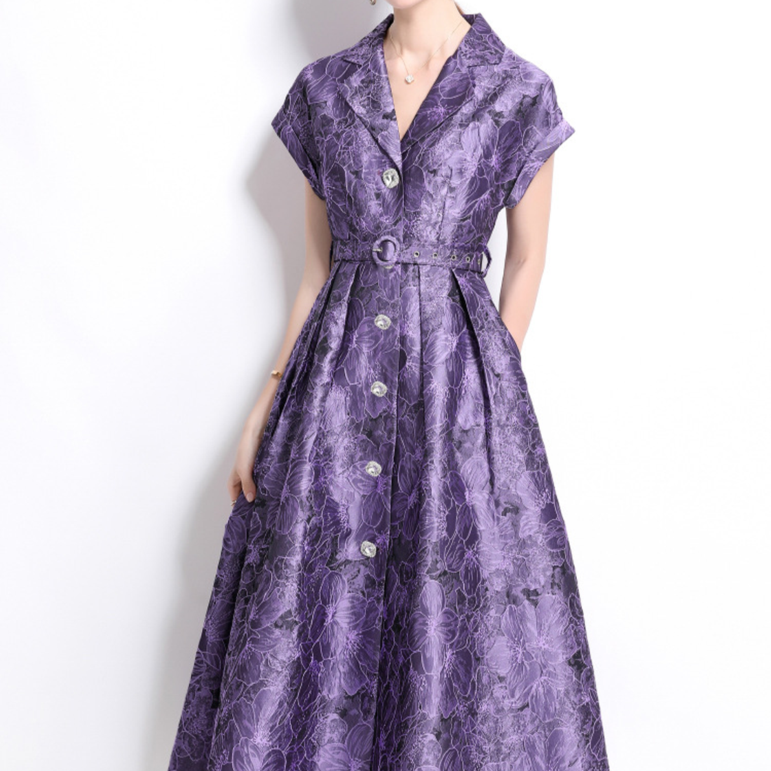 Elegant Floral Jacquard Dress with Belt