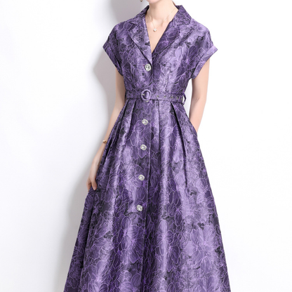 Elegant Floral Jacquard Dress with Belt