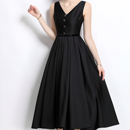 High-Waisted V-Neck Dress with Button Details