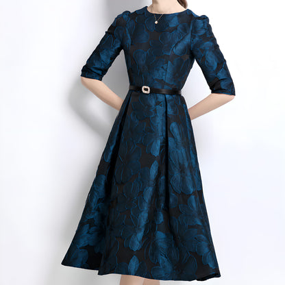 French Floral Jacquard Dress with Waist-Cinching Design