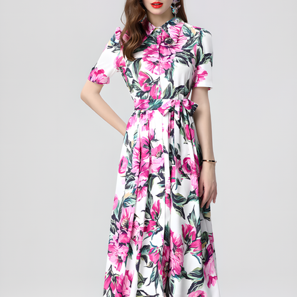 Floral Print High-Waist Flared Midi Dress