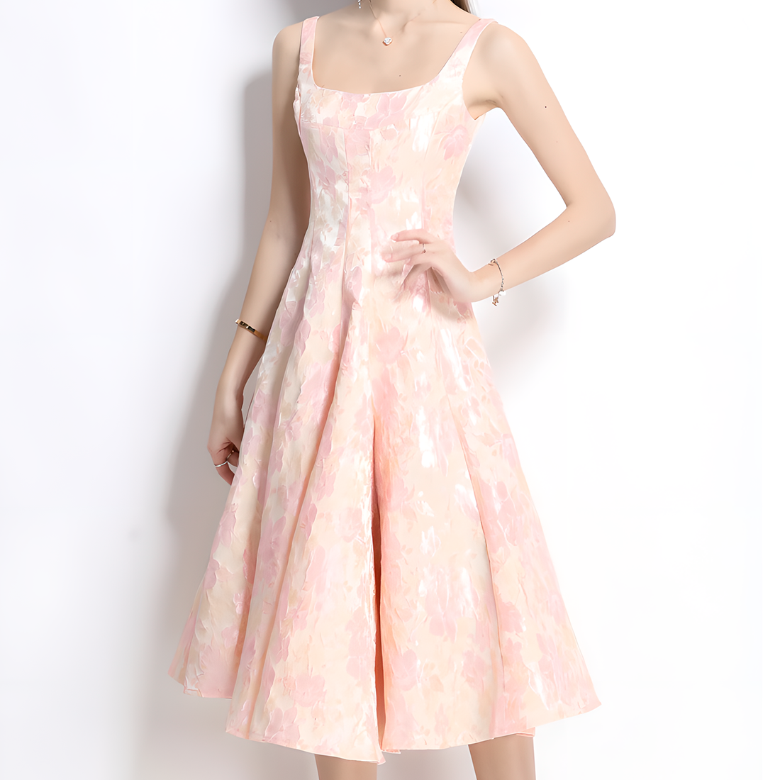 French Square Neckline Dress With Floral Pattern