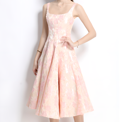 French Square Neckline Dress With Floral Pattern