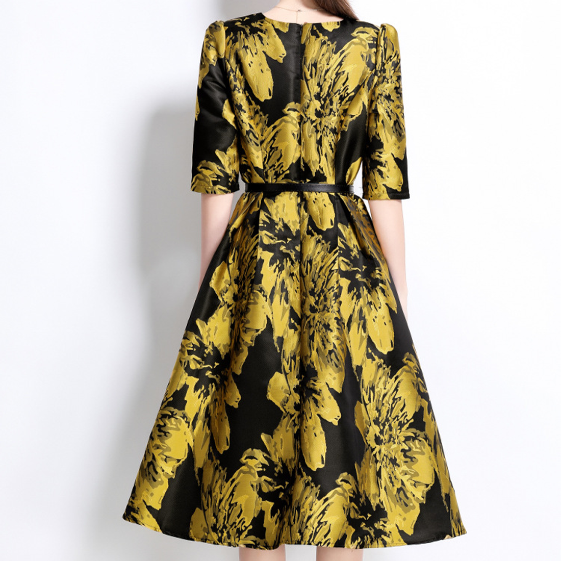 Vintage-Inspired Jacquard Dress with Belt