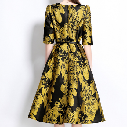 Vintage-Inspired Jacquard Dress with Belt