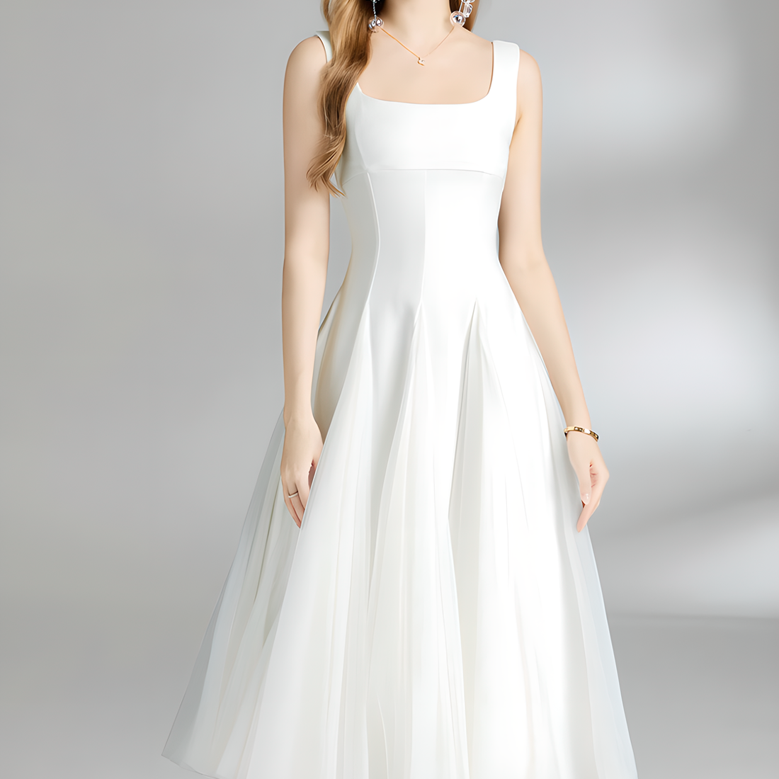 Chic White Tulle Mesh Midi Dress