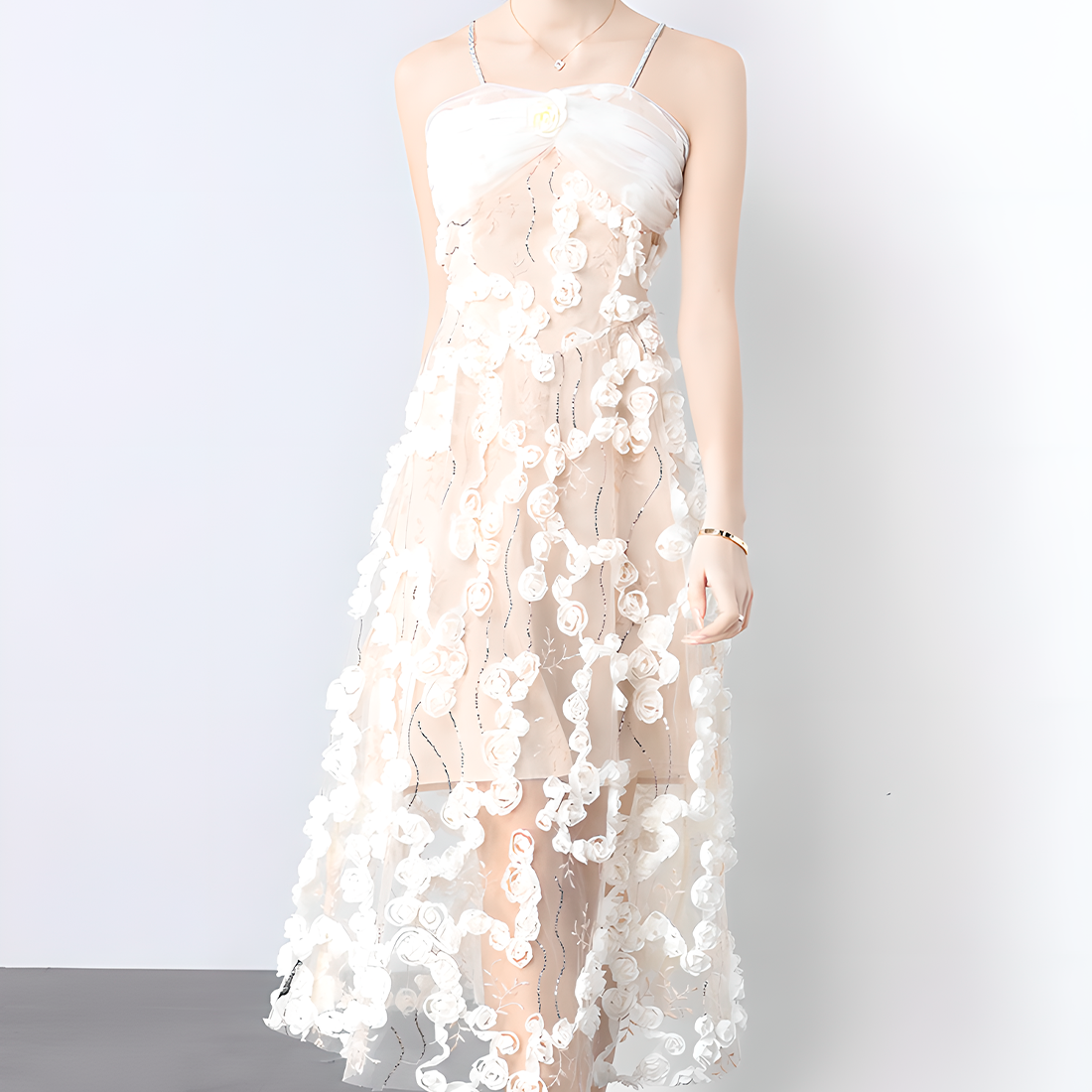 Stereoscopic Flower Mesh Slip Dress