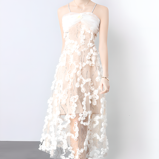 Stereoscopic Flower Mesh Slip Dress