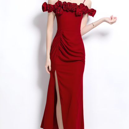 Elegant Red Off-the-Shoulder Floral Dress