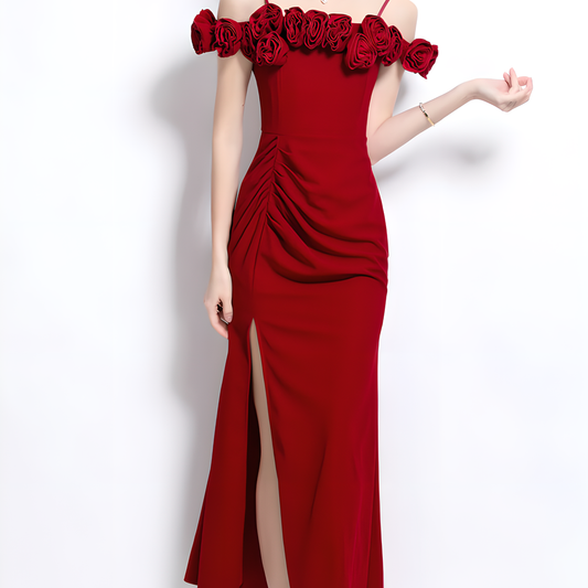 Elegant Red Off-the-Shoulder Floral Dress