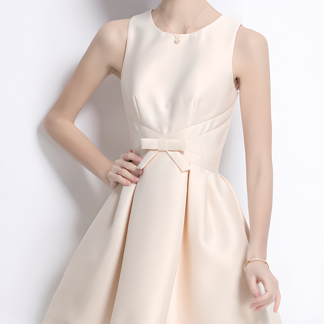 Round Neck Sleeveless Dress with Bow Detail