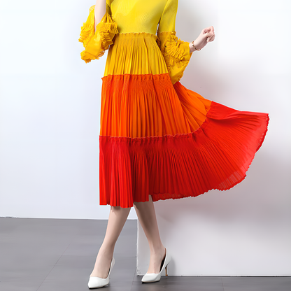 Elegant and Fashionable Pleated Dress with Ruffled Sleeves
