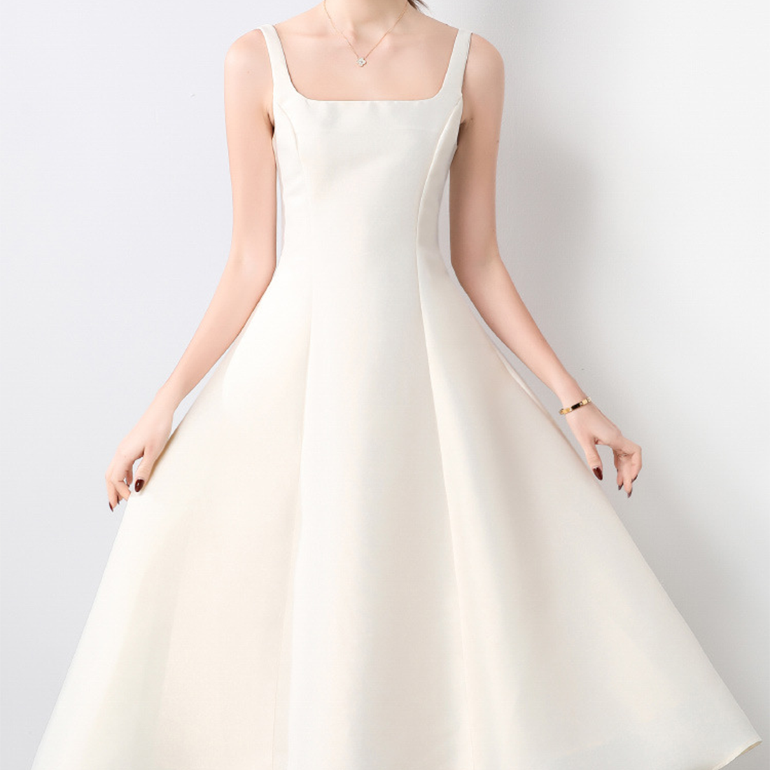Elegant Square Neck Satin Midi Dress - Beige