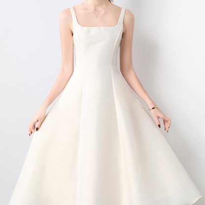Elegant Square Neck Satin Midi Dress - Beige