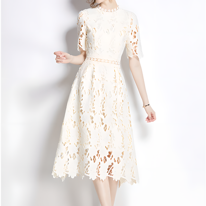Beige Luxury Lace Dress with Short Sleeves