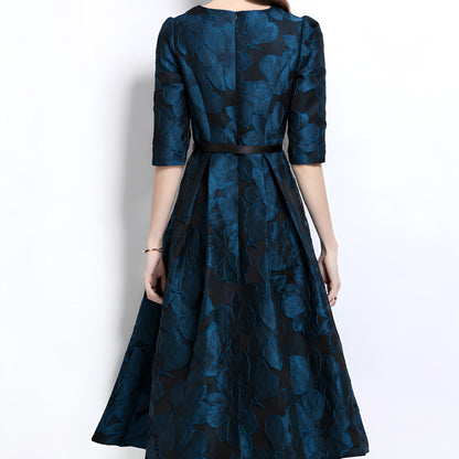 French Floral Jacquard Dress with Waist-Cinching Design