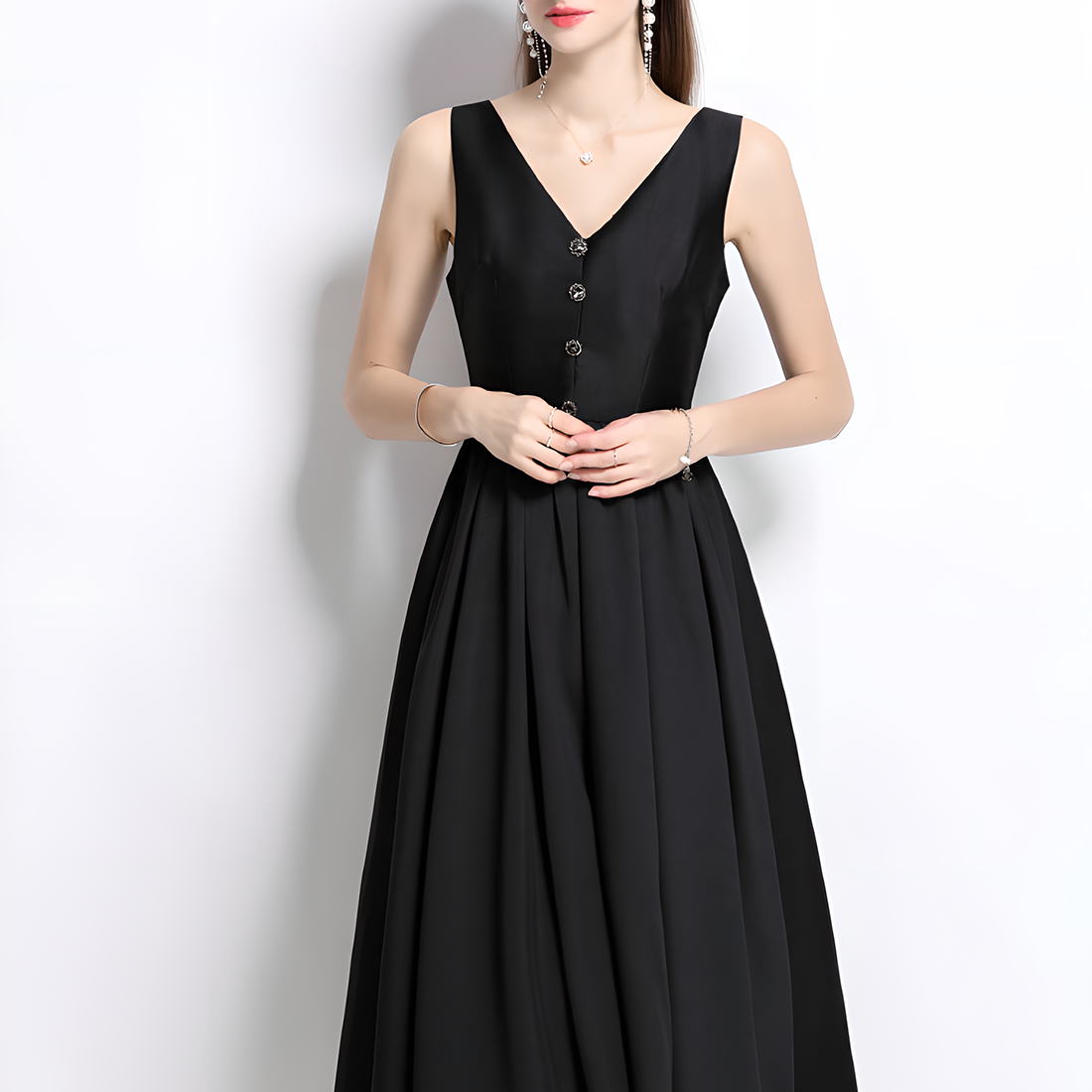 High-Waisted V-Neck Dress with Button Details