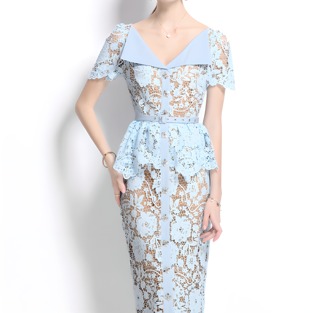 Crystal Button Hollow Lace Dress