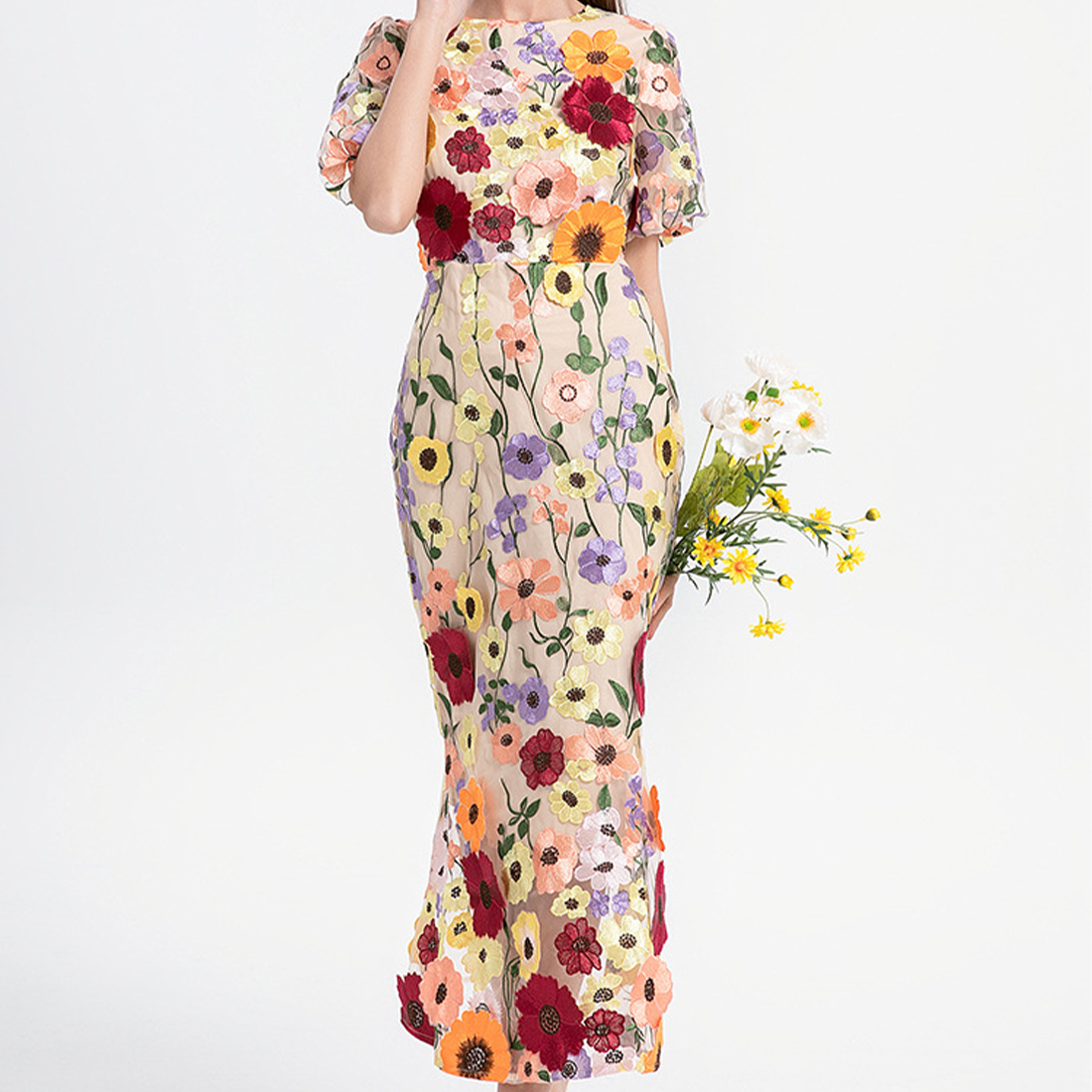 Floral Embroidered Lantern Sleeve Dress