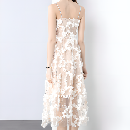 Stereoscopic Flower Mesh Slip Dress