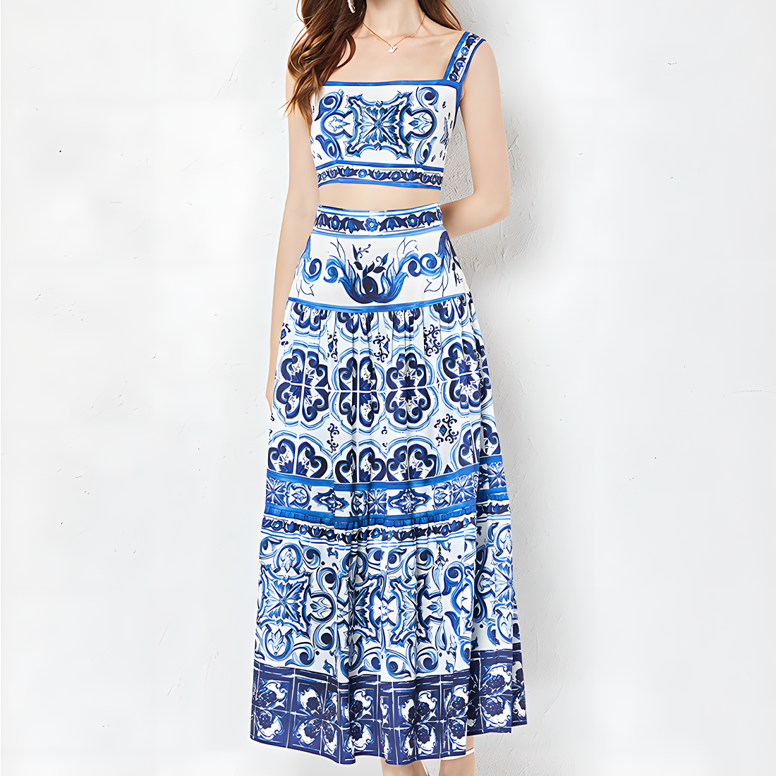 Blue and White Porcelain Print Two-Piece Set