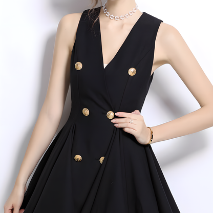 Luxury V-Neck Sleeveless Dress with Gold Buttons