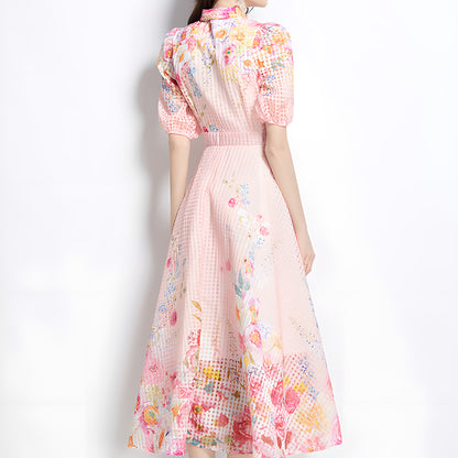 Royal-Inspired Floral Print Dress with Bow Tie