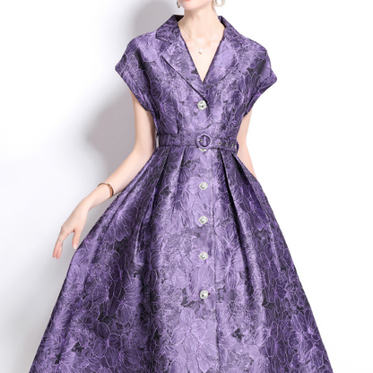 Elegant Floral Jacquard Dress with Belt