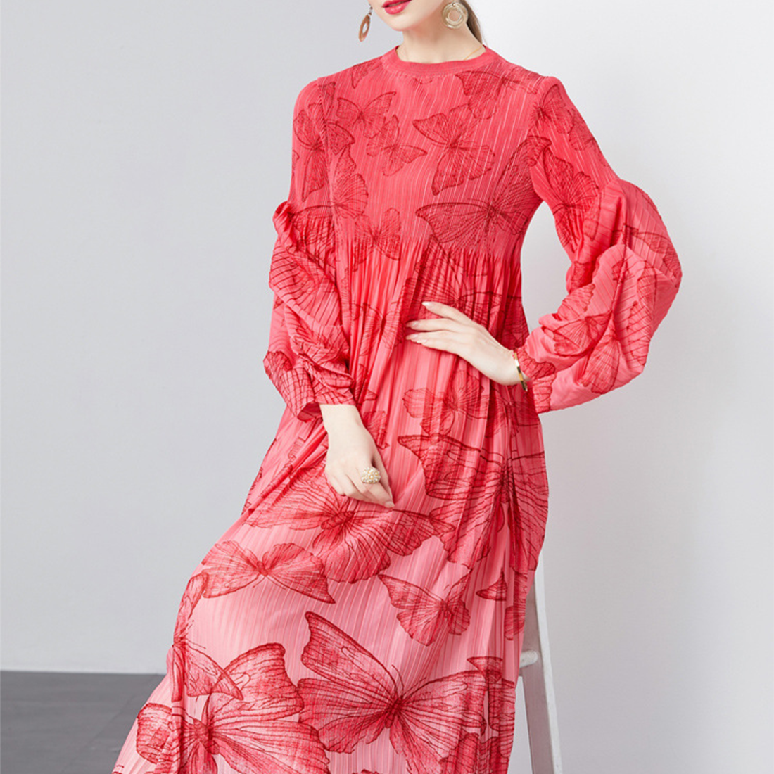 Elegant Long Sleeve Loose Slimming Pleated Dress