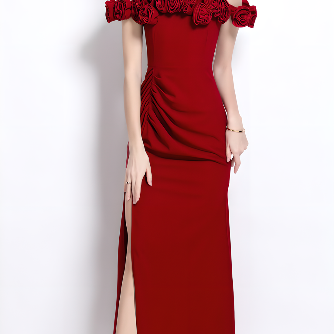 Elegant Red Off-the-Shoulder Floral Dress