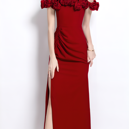Elegant Red Off-the-Shoulder Floral Dress