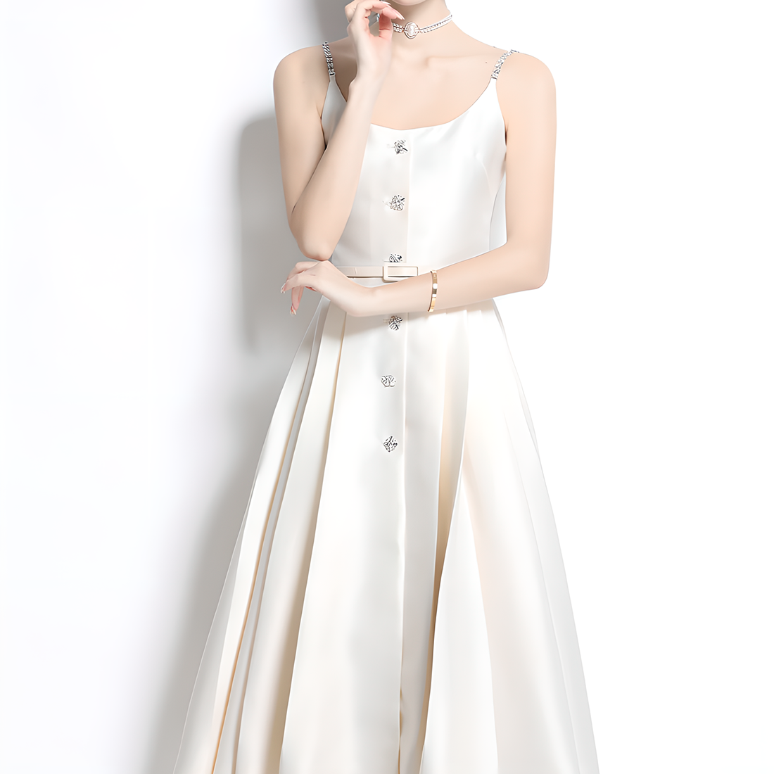 Luxury Midi Dress with Crystal-Embellished Straps