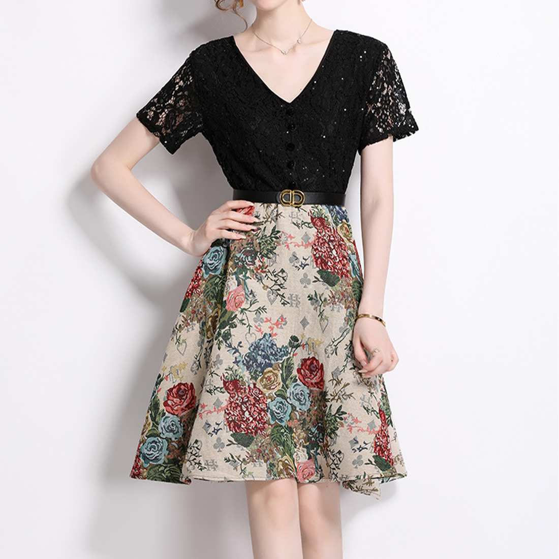 Elegant Black Lace & Floral Print A-Line Dress