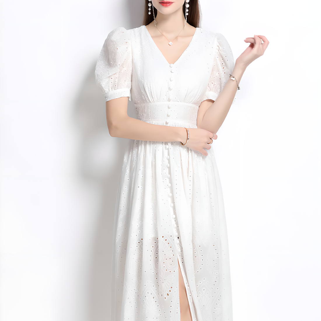 Casual White Lace Dress with Puff Sleeves