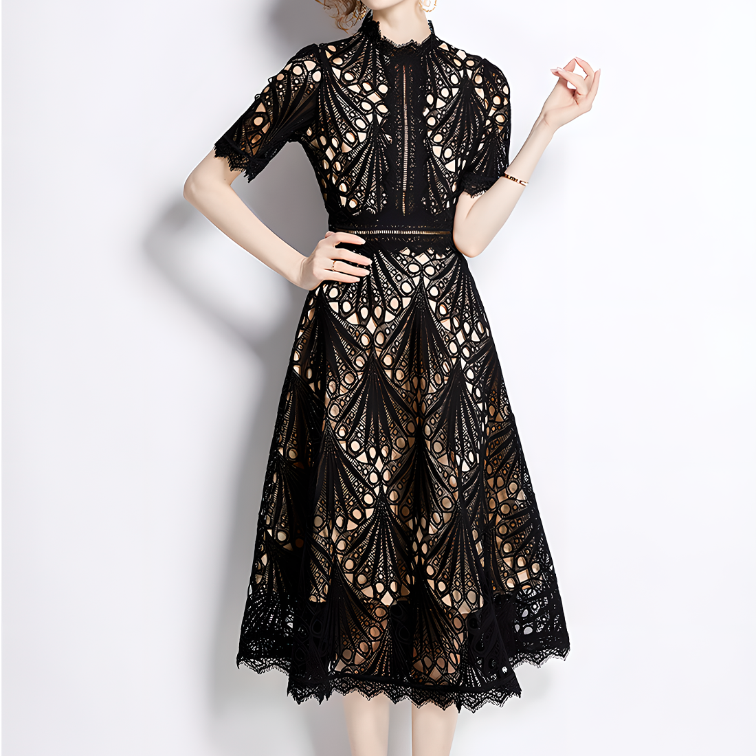 French Lace Dress with Fan-Shaped Patterns