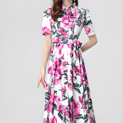 Floral Print High-Waist Flared Midi Dress