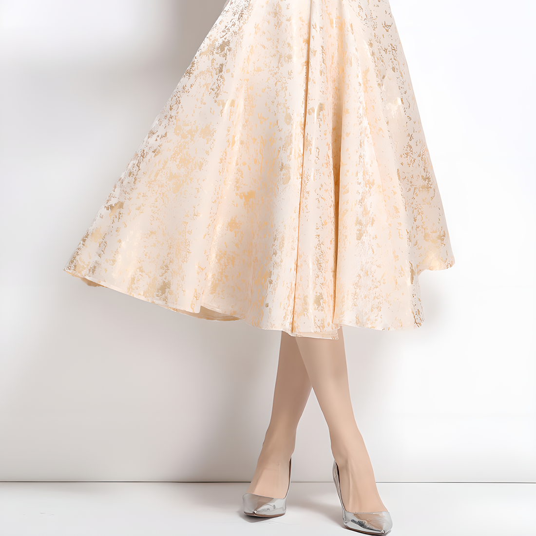 French Square Neckline Dress With Gold Floral Pattern