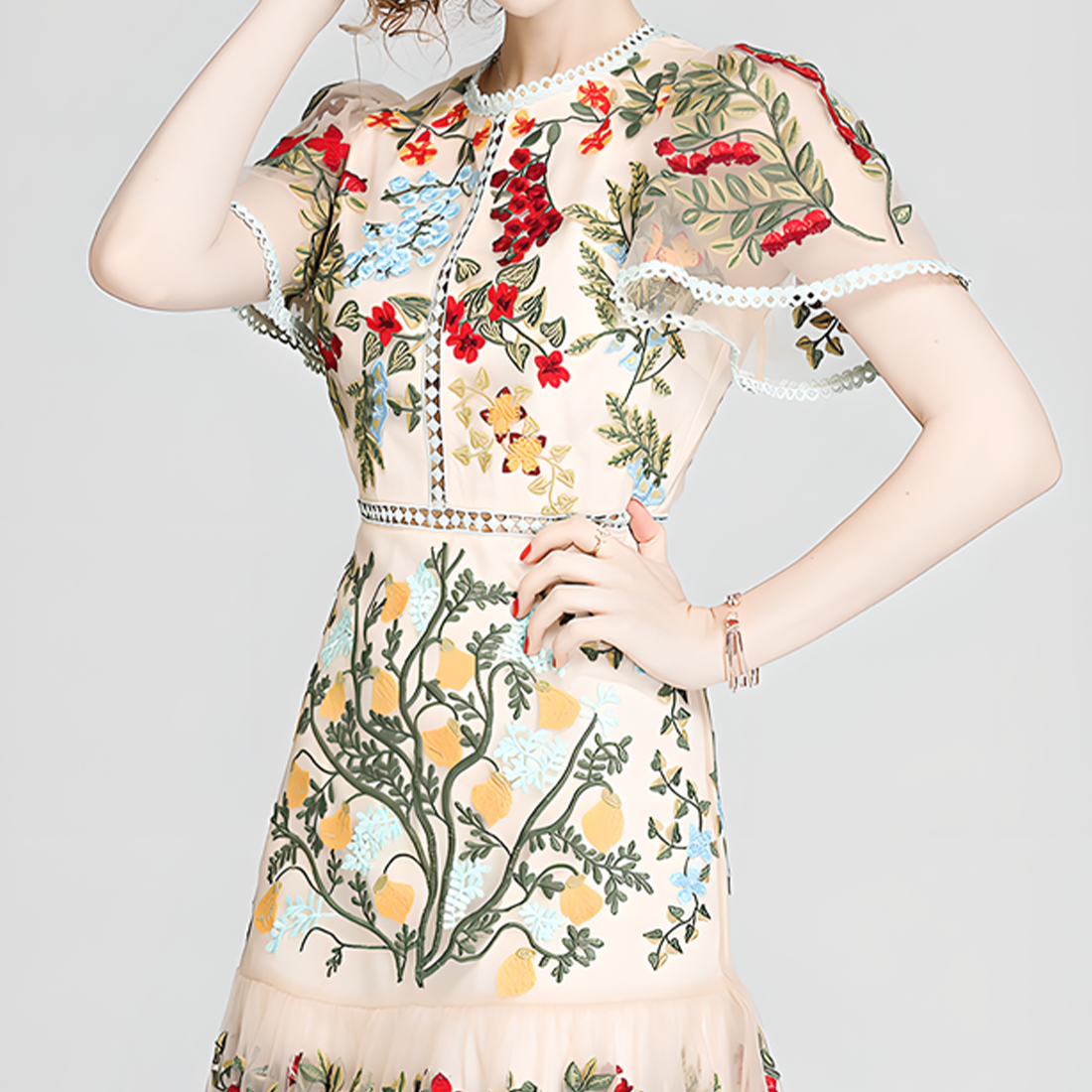 Floral Embroidered Mesh Short-Sleeve Dress
