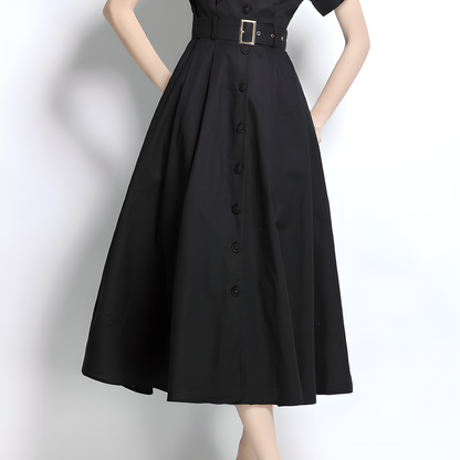 Black Short-Sleeve Shirt Dress with Belt