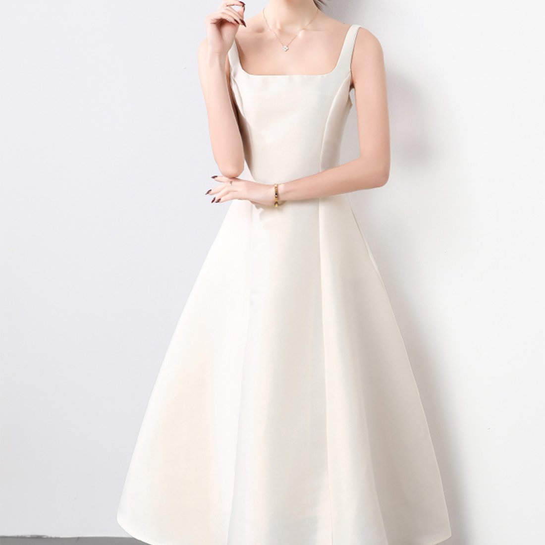 Elegant Square Neck Satin Midi Dress - Beige