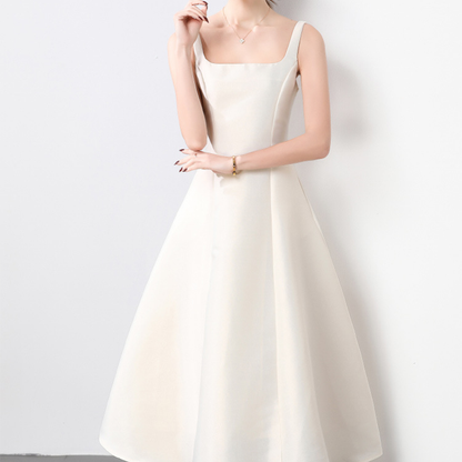 Elegant Square Neck Satin Midi Dress - Beige