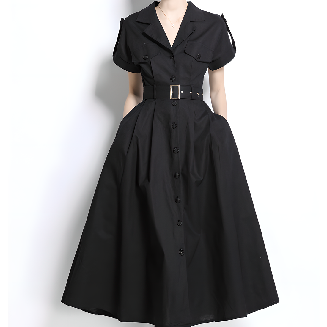 Black Short-Sleeve Shirt Dress with Belt