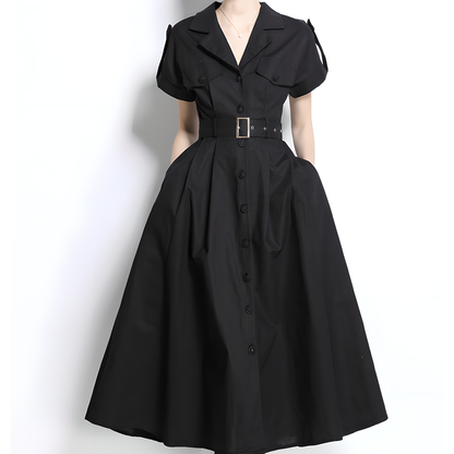 Black Short-Sleeve Shirt Dress with Belt