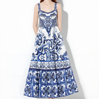 Charming Floral Printed Inspired Spaghetti Strap Midi Dress