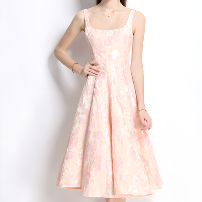French Square Neckline Dress With Floral Pattern