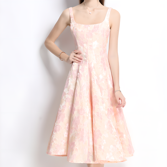 French Square Neckline Dress With Floral Pattern