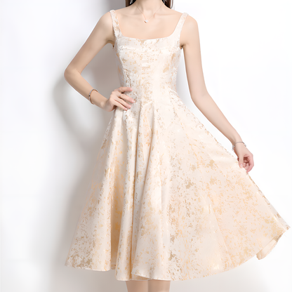 French Square Neckline Dress With Gold Floral Pattern