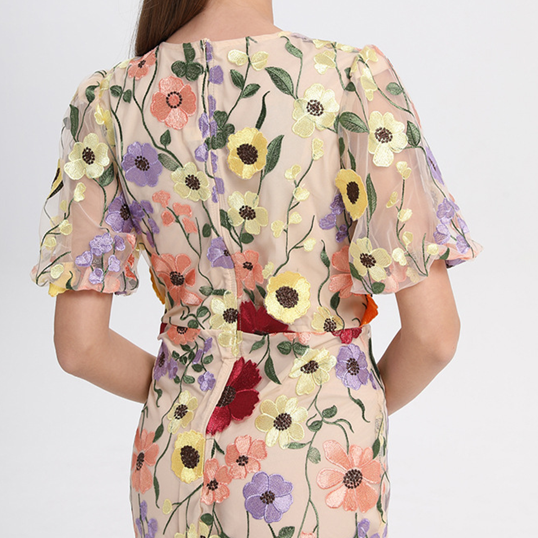 Floral Embroidered Lantern Sleeve Dress