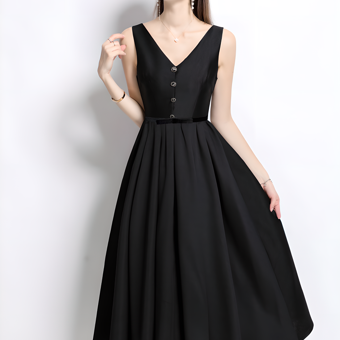 High-Waisted V-Neck Dress with Button Details